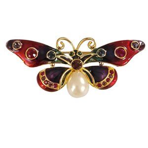 Joan Rivers Gold Tone Enamel Rhinestone Faux Pearl Butterfly Brooch, Signed K523